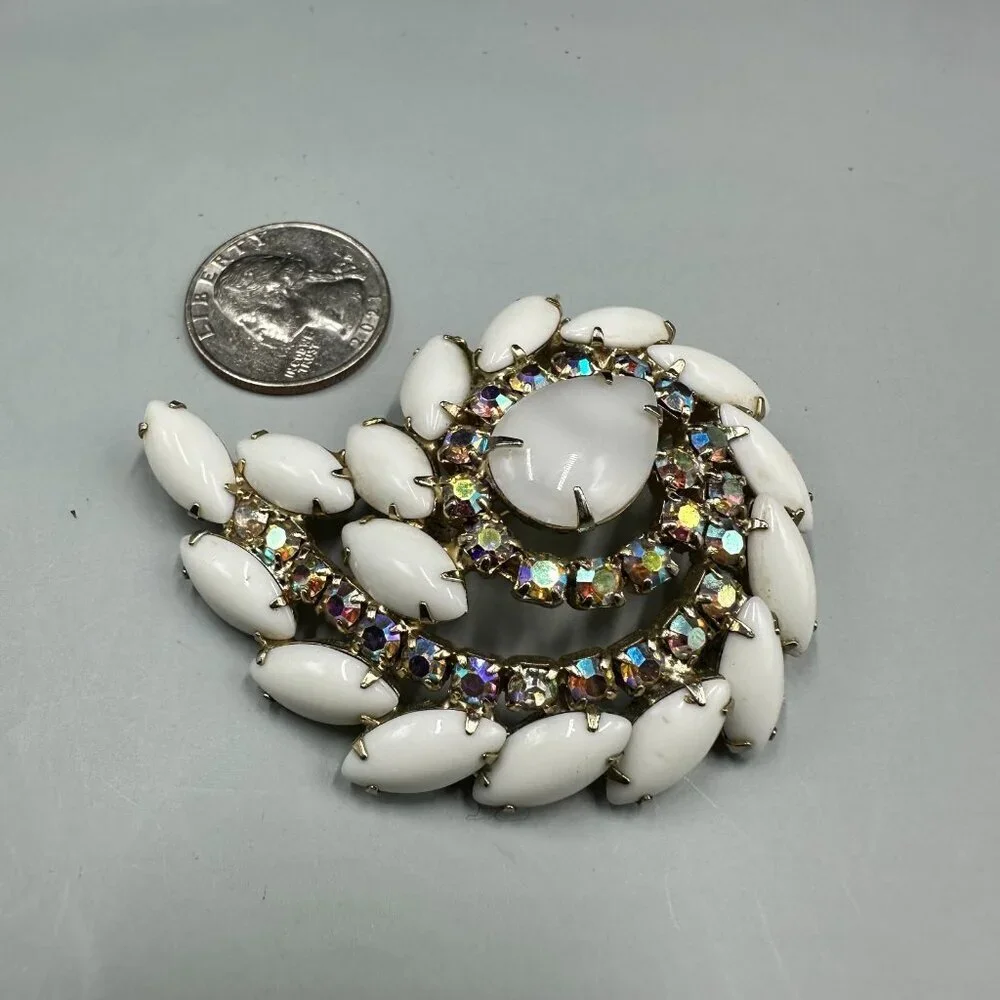 Vintage Milk Glass Rhinestone Brooch Silver Tone Aurora Borealis Swirl Statement